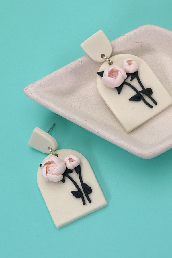 Textured Clay Floral Dangle - Peony