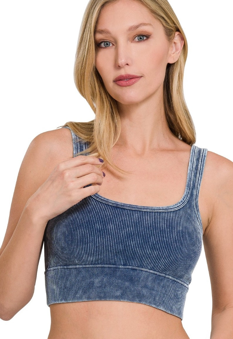 Stone Wash Ribbed Bralette - With Bra Pads