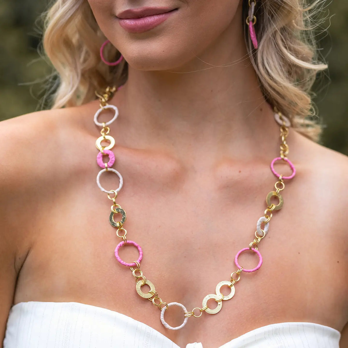 Sachi Raffia Necklace - Pink + Cream