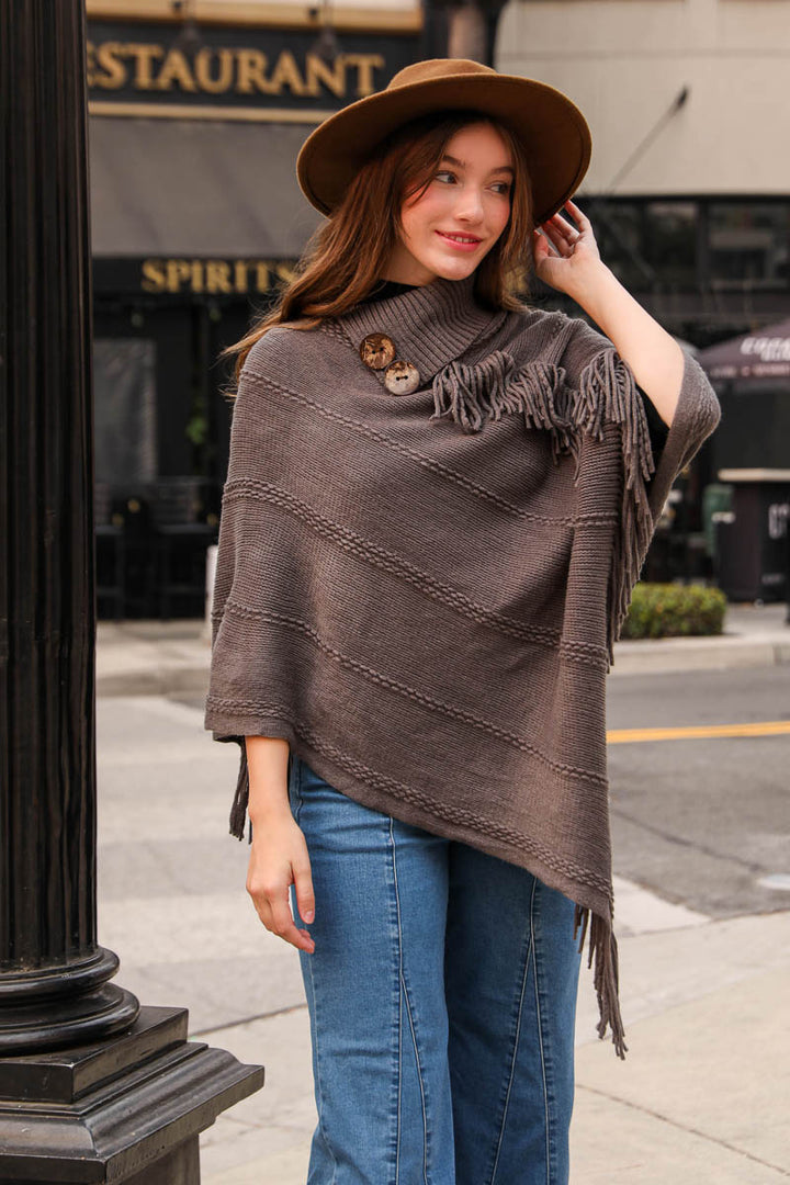 Turtle Neck Poncho With Fringe