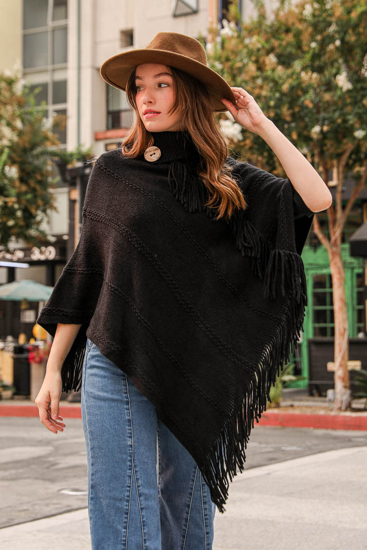 Turtle Neck Poncho With Fringe