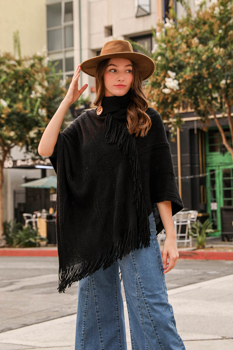 Turtle Neck Poncho With Fringe