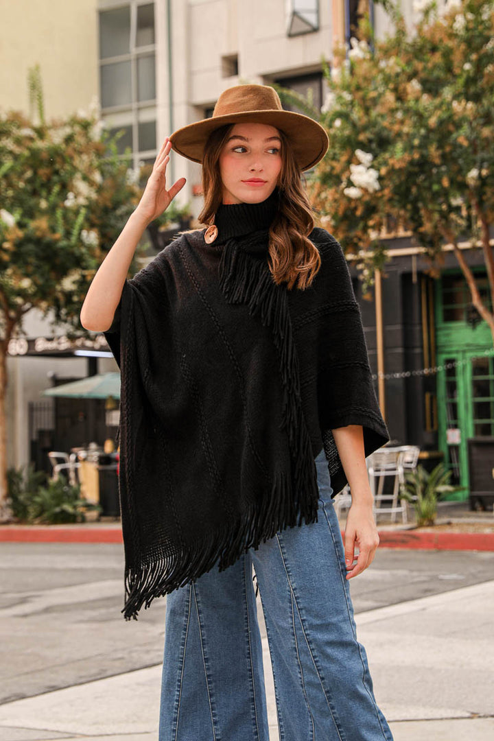 Turtle Neck Poncho With Fringe