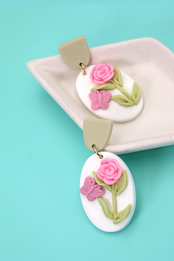 Textured Clay Floral Dangle - Butterfly Rose