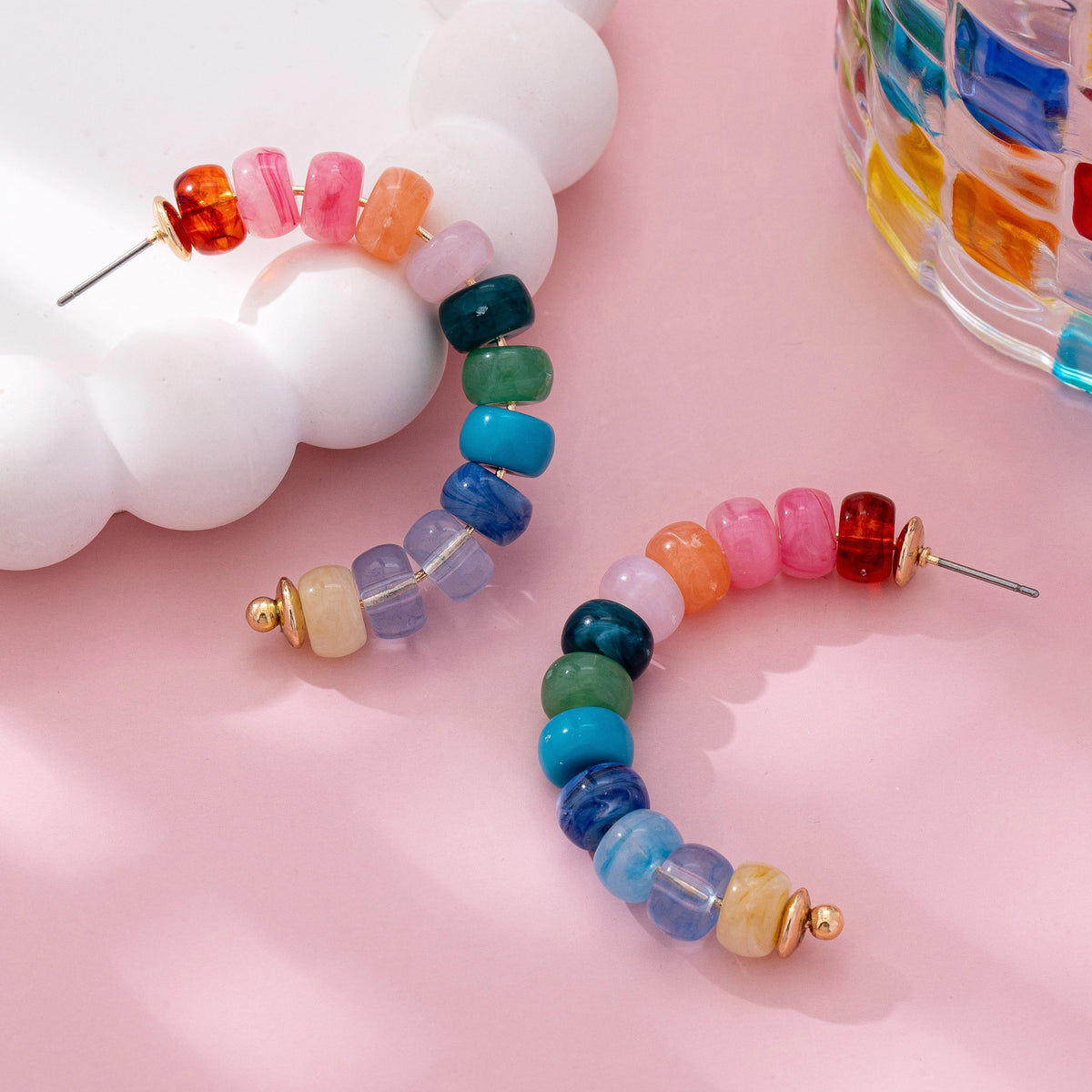 Rainbow Beaded Half Hoops