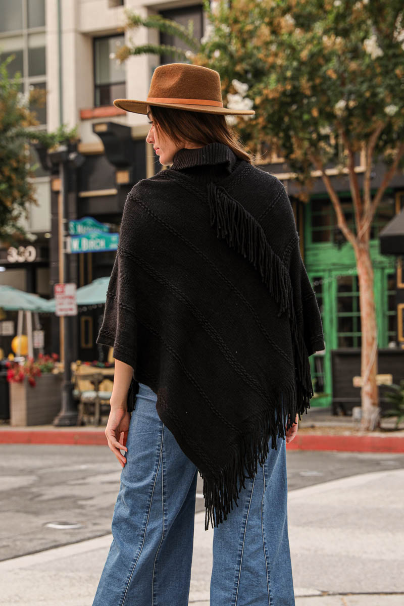 Turtle Neck Poncho With Fringe