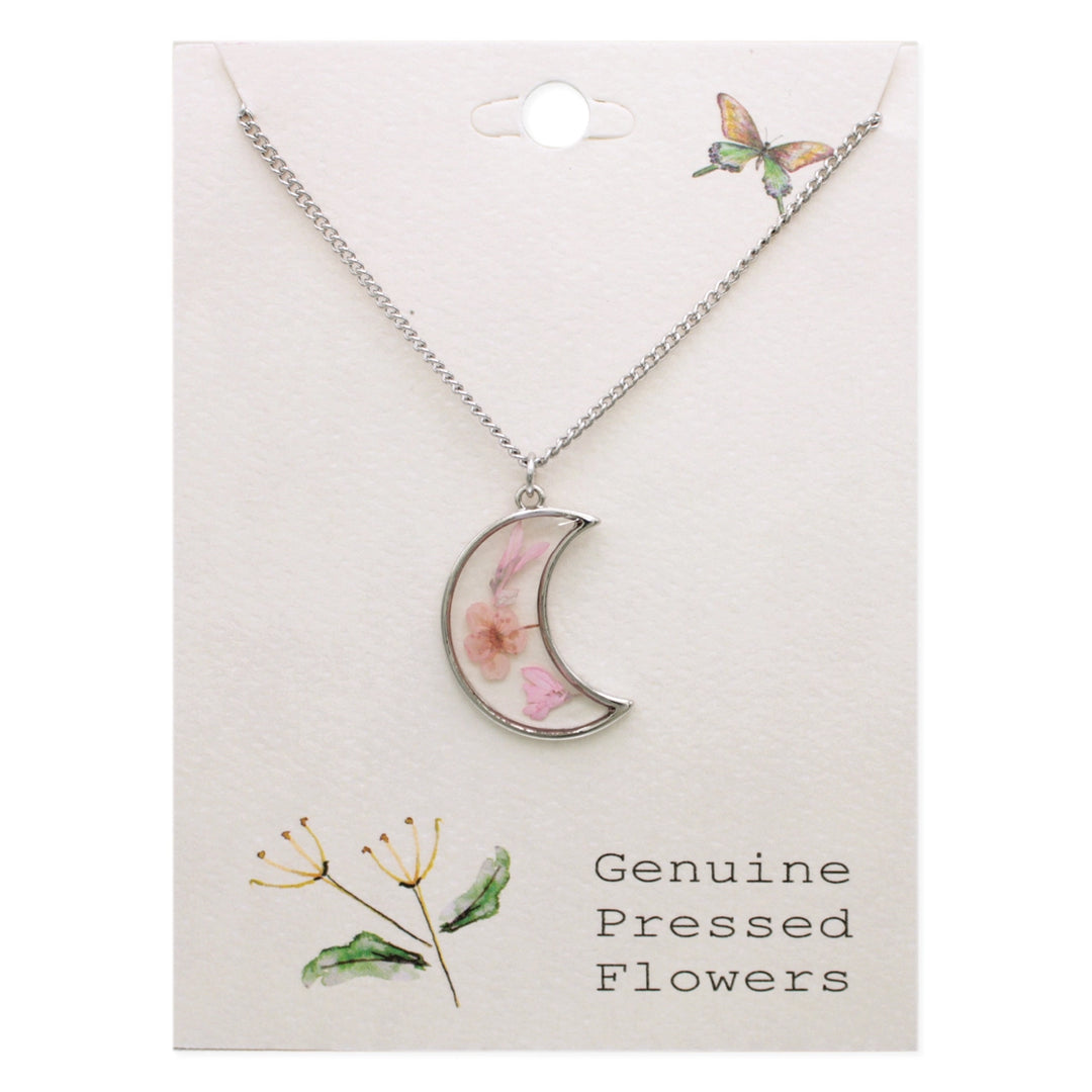Pink Dried Flower Necklace - Silver Moon