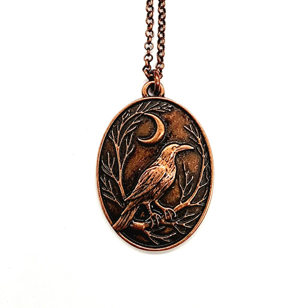 Raven + Crescent Moon Copper Pendant