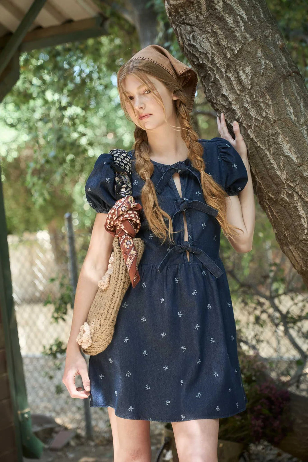 Denim Babydoll Dress With Bows
