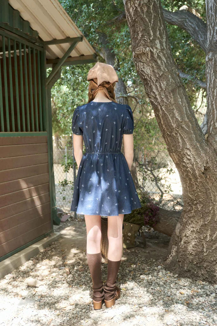 Denim Babydoll Dress With Bows