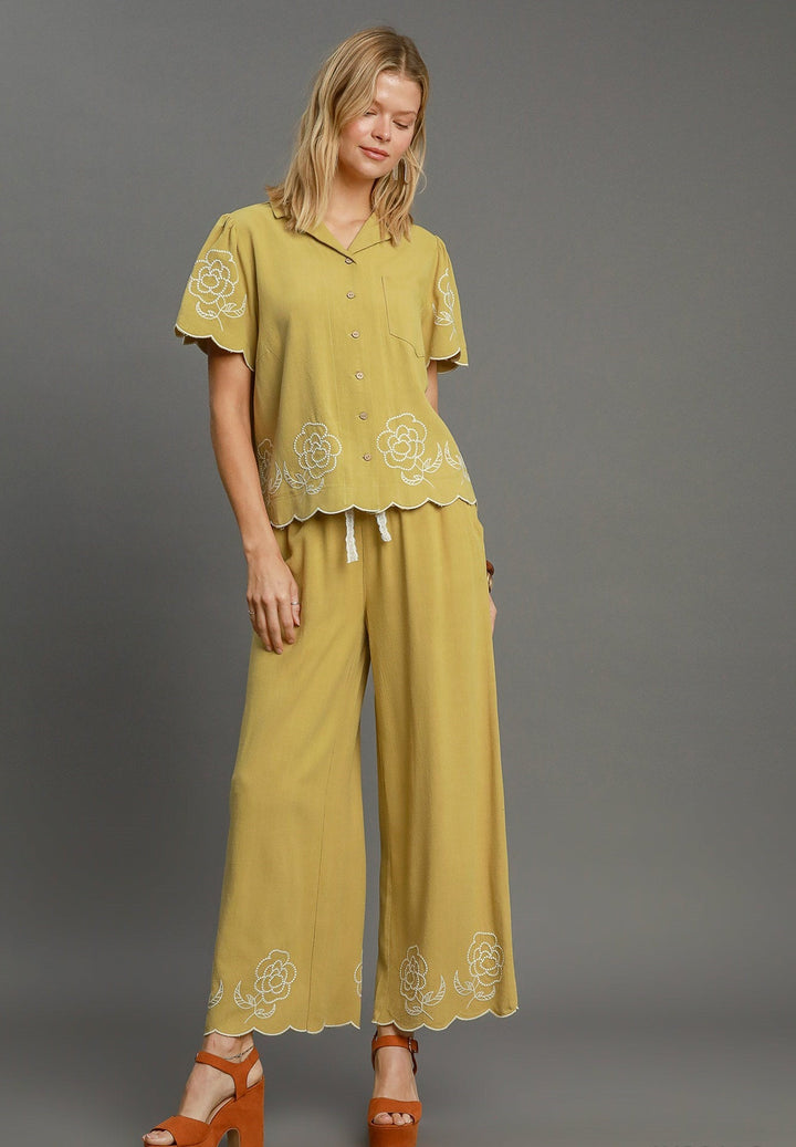Embroidered Linen Button Up Top