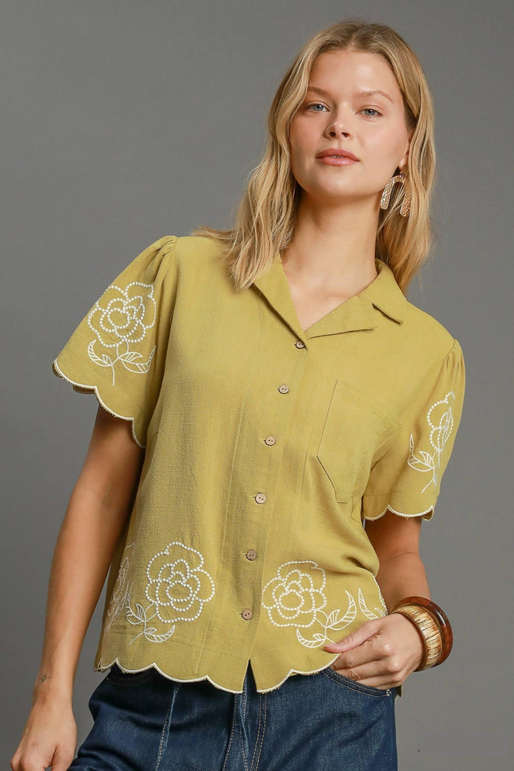 Embroidered Linen Button Up Top