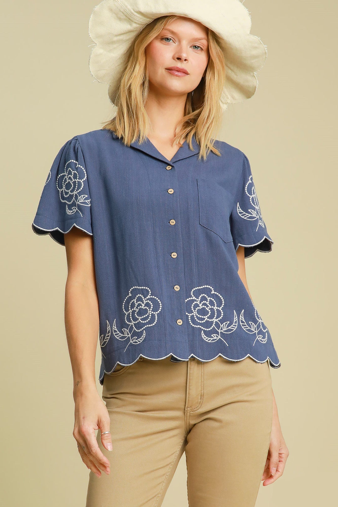 Embroidered Linen Button Up Top