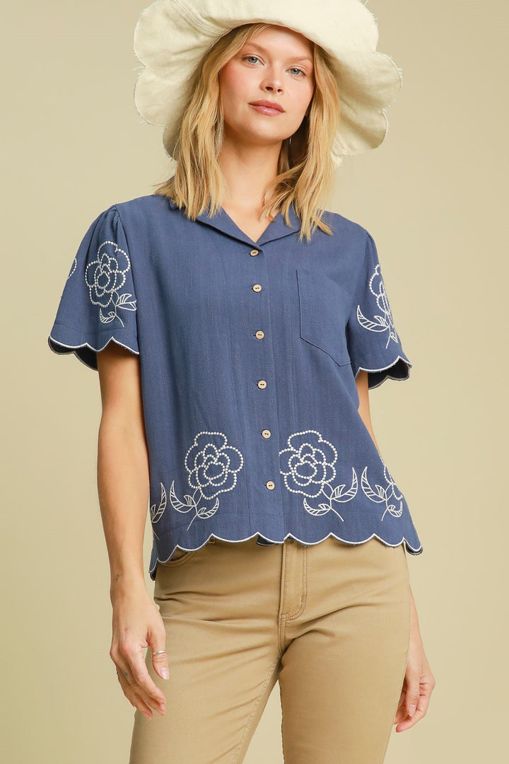 Embroidered Linen Button Up Top