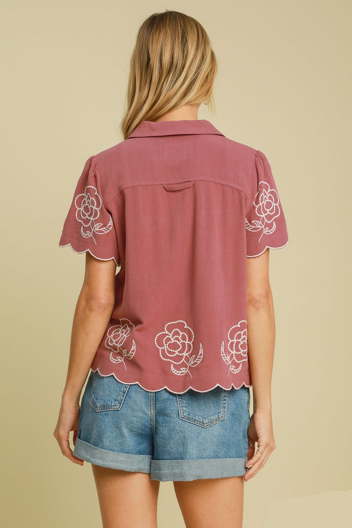 Embroidered Linen Button Up Top