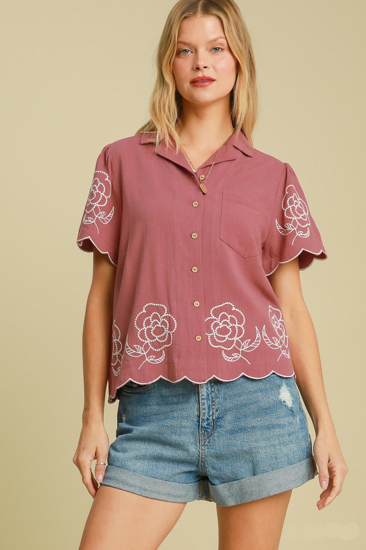 Embroidered Linen Button Up Top