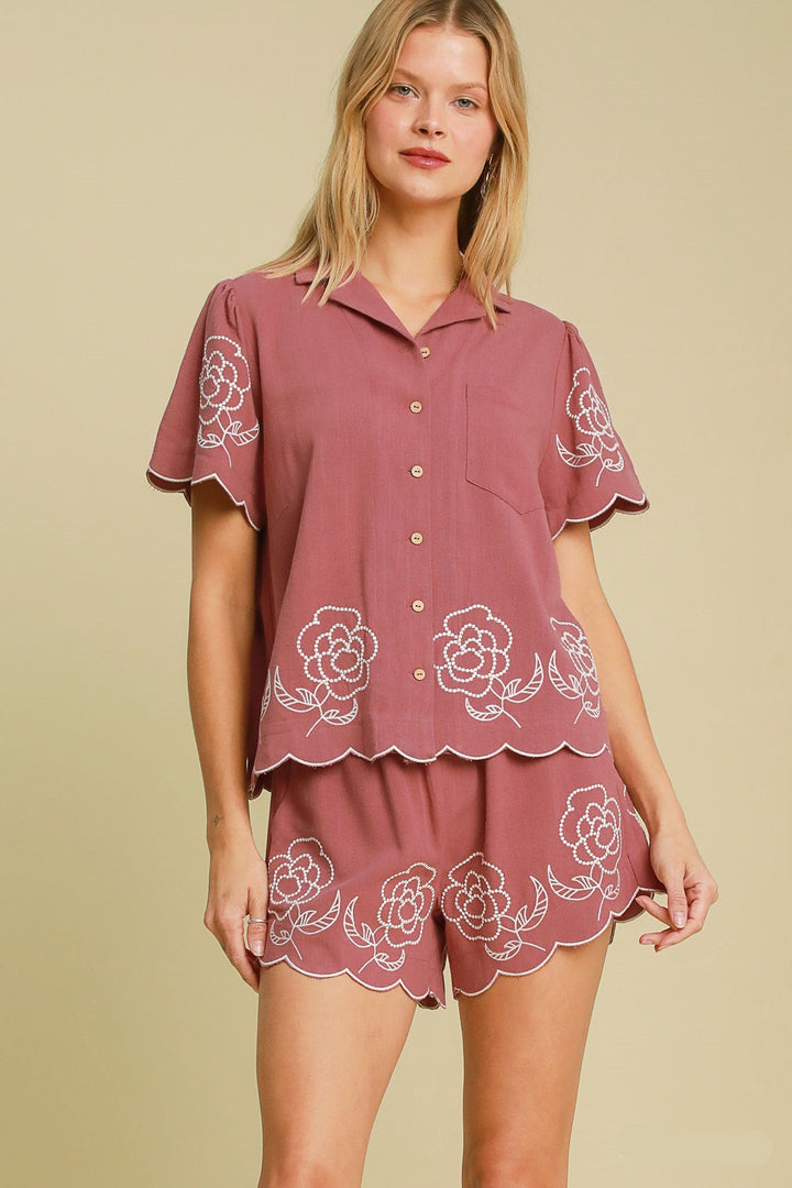 Embroidered Linen Button Up Top