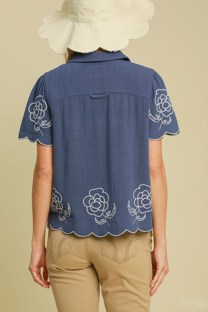 Embroidered Linen Button Up Top