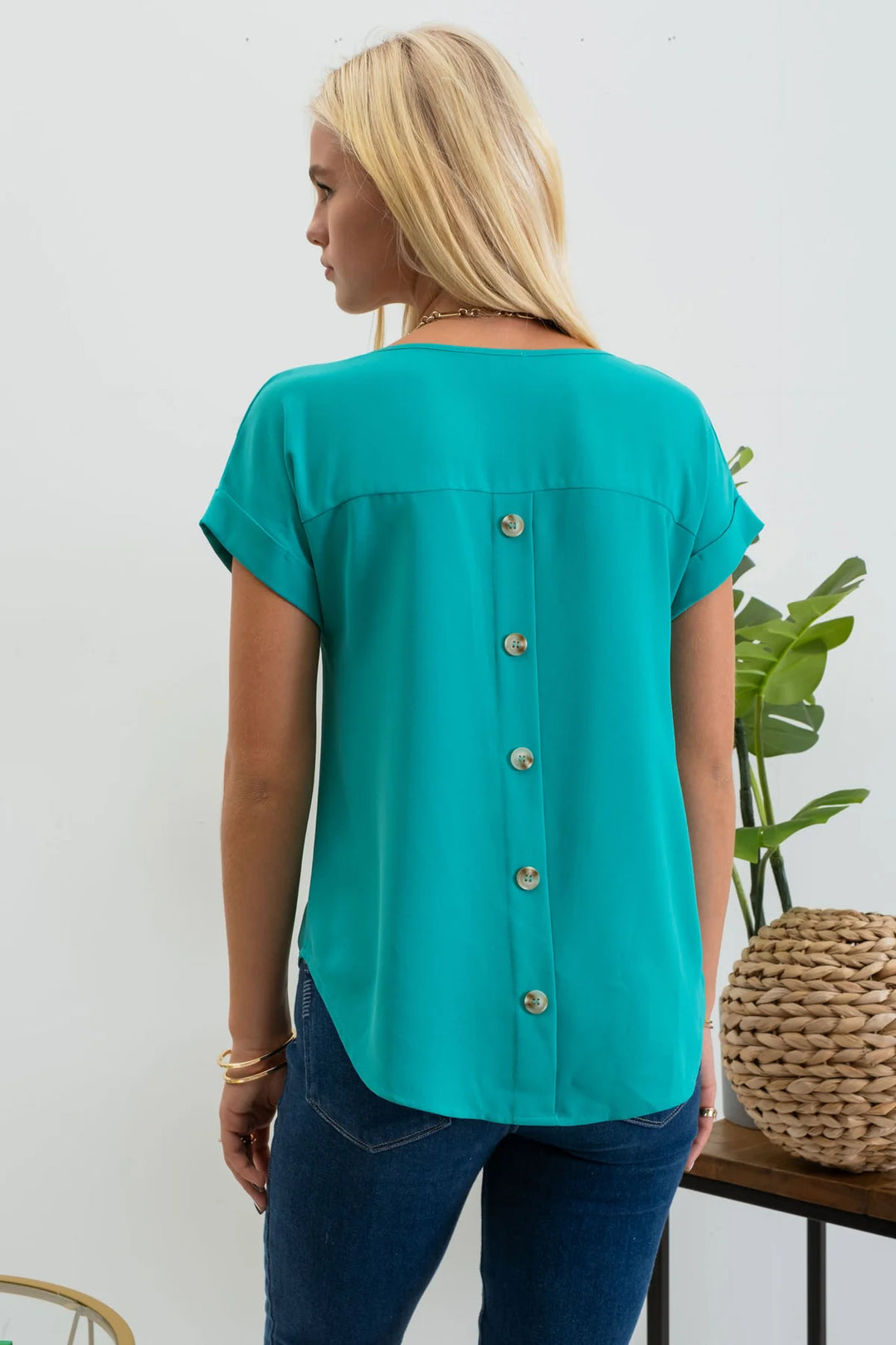 Split Neck Back Button Top