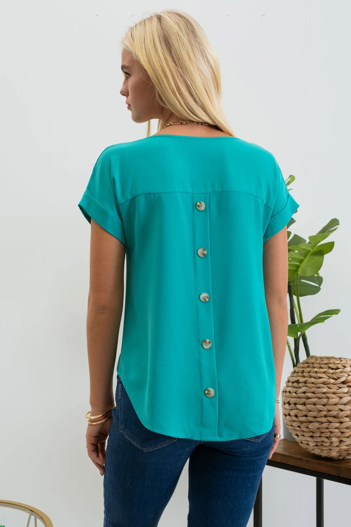 Split Neck Back Button Top