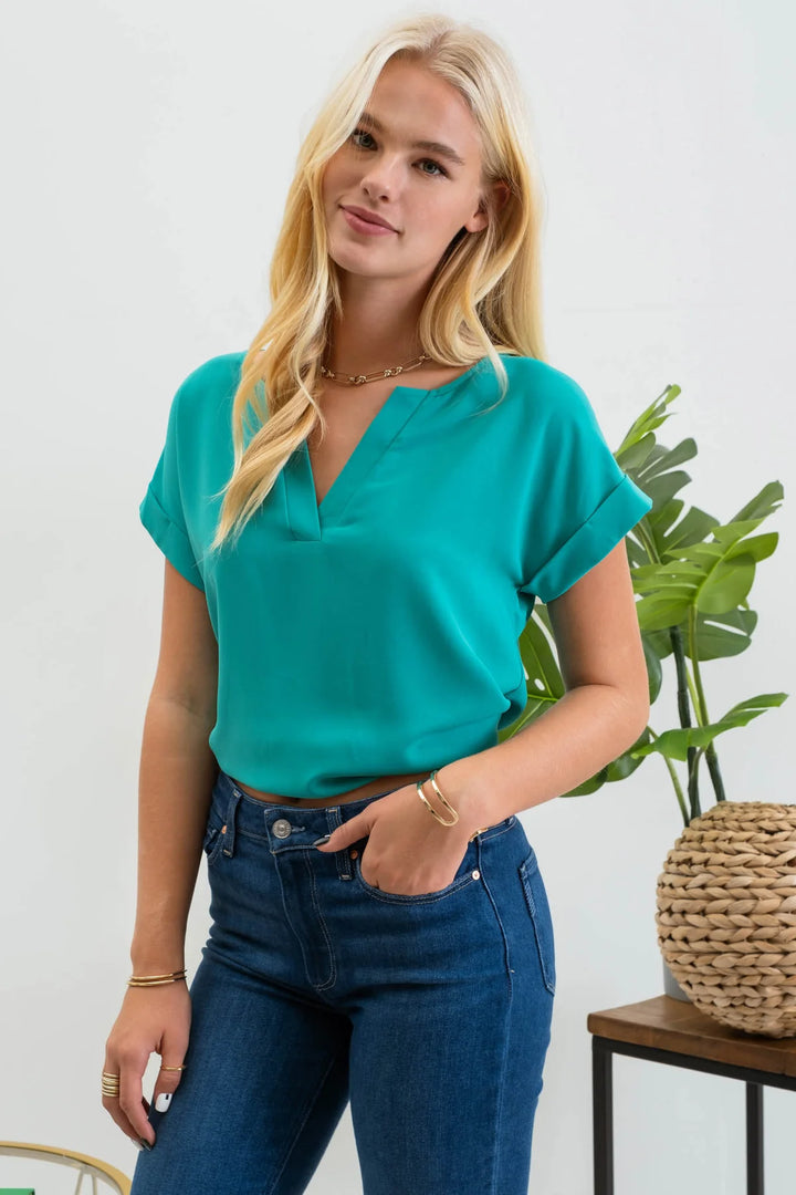 Split Neck Back Button Top