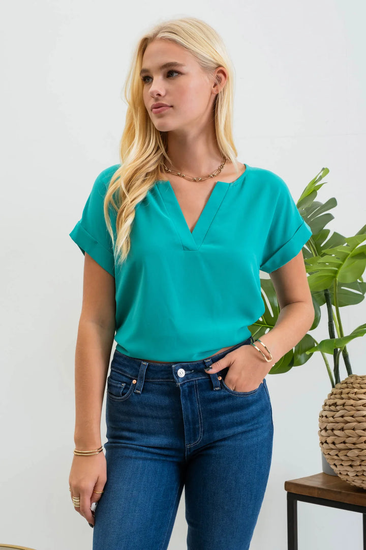 Split Neck Back Button Top