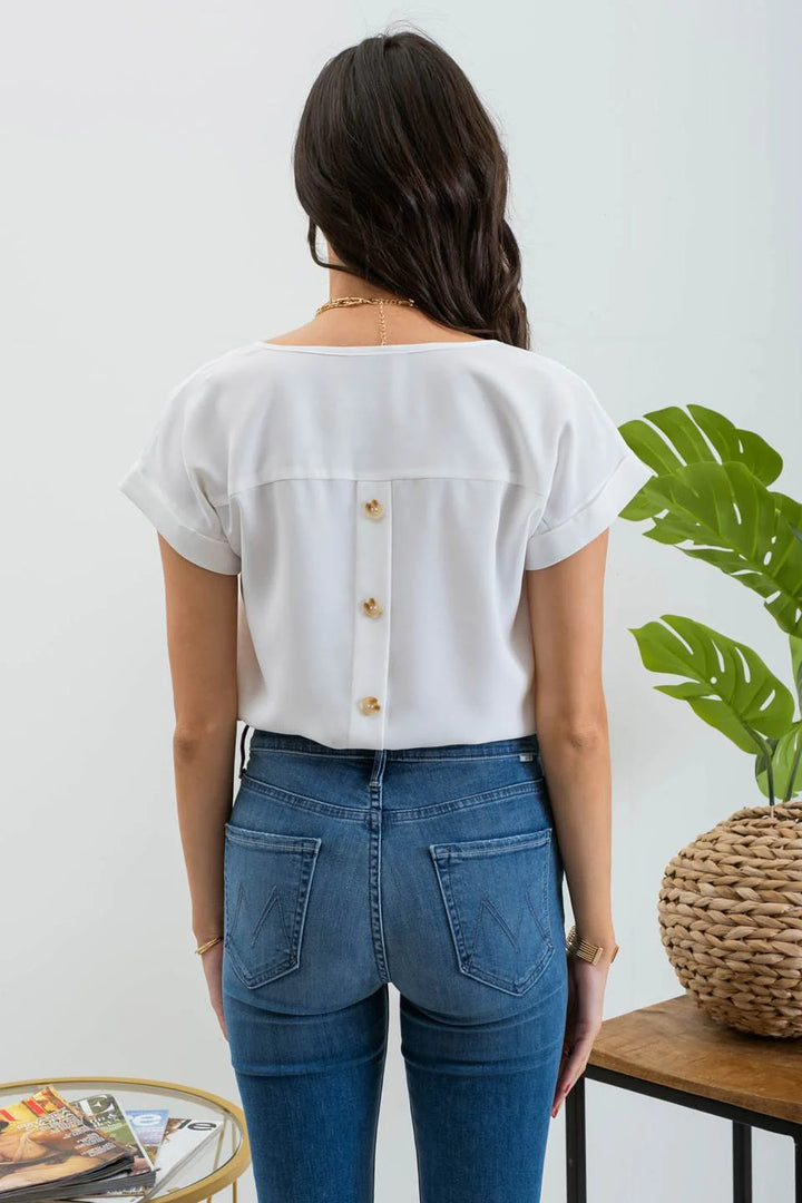Split Neck Back Button Top