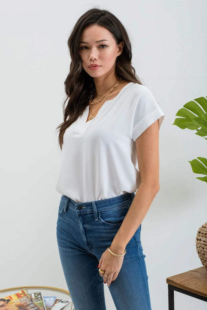 Split Neck Back Button Top
