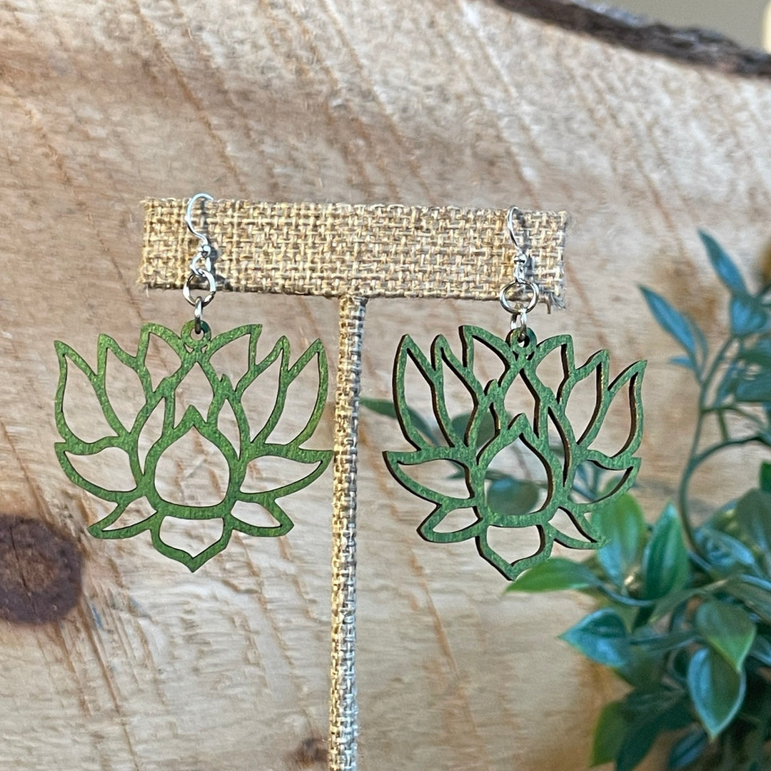 Green Tree Wooden Earring - Lotus Blossoms