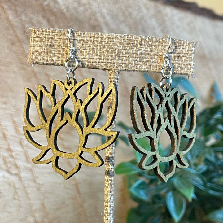 Green Tree Wooden Earring - Lotus Blossoms
