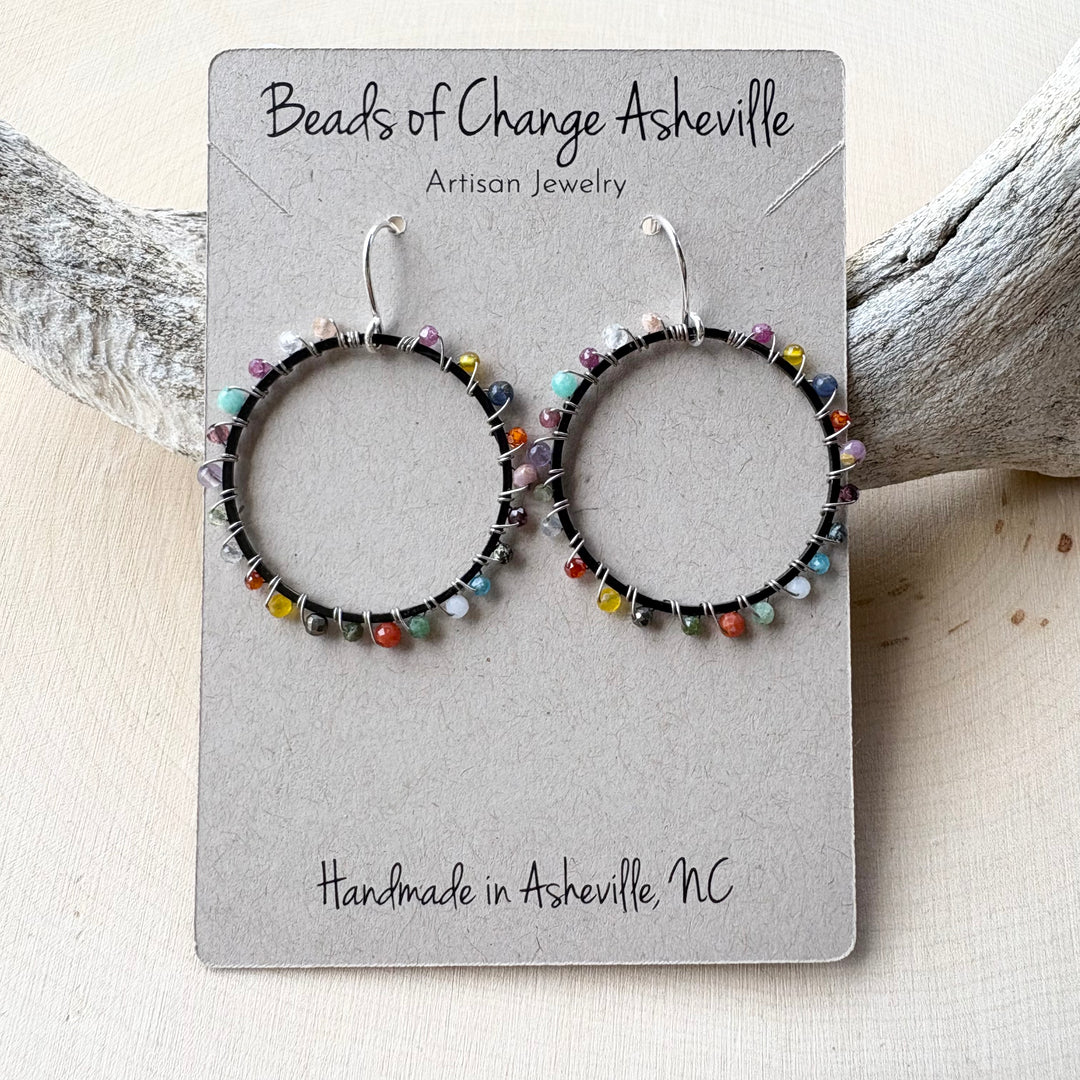 Multi Gemstone Oxidized Circles Earrings