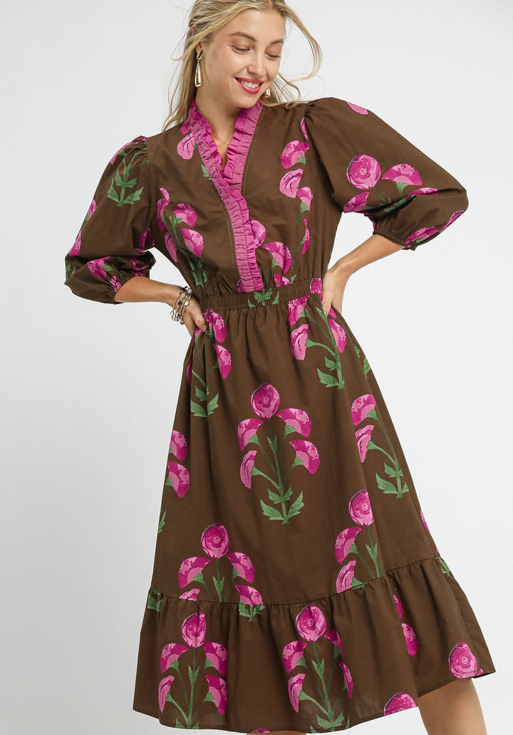 Bold Floral Dress with Ruffle Trim
