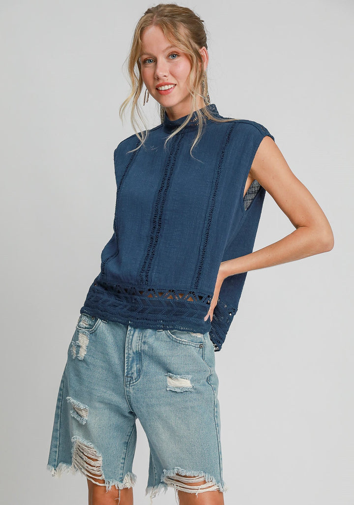 High Neck Lace Trim Top