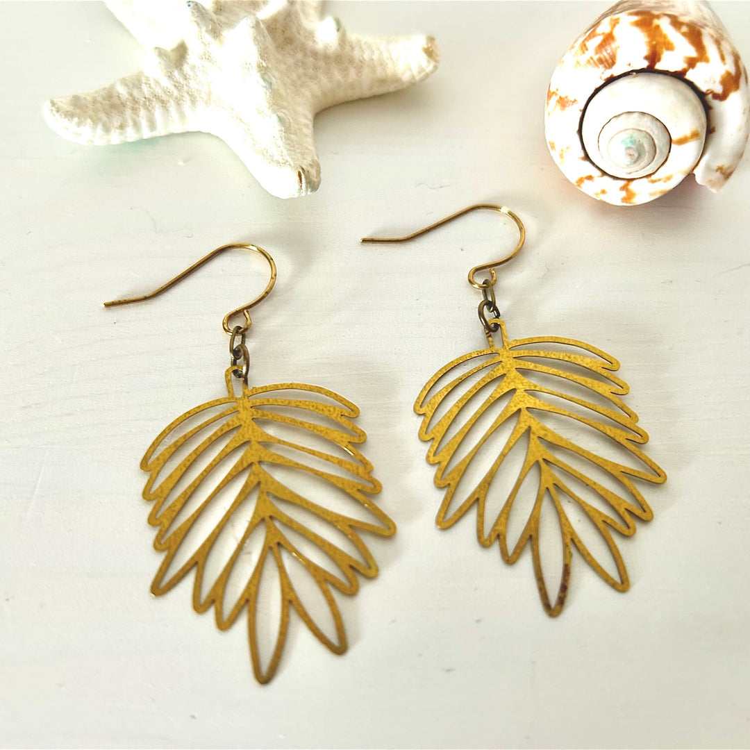 Monstera Leaf Brass Earrings