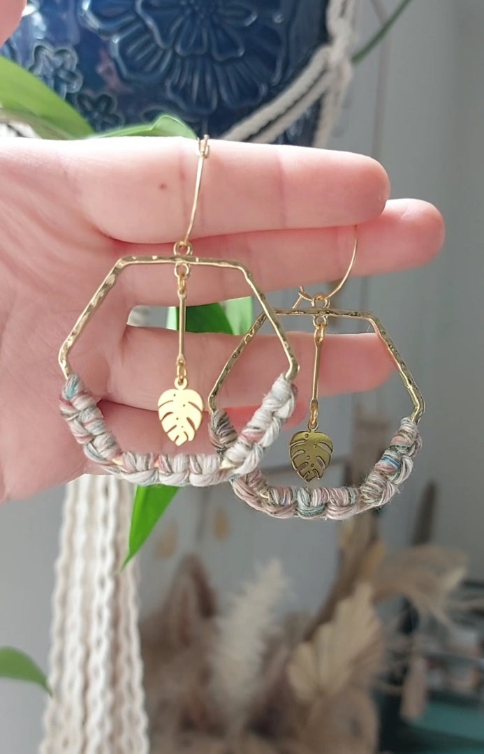 Macramé Hexagon + Monstera Charm Earrings