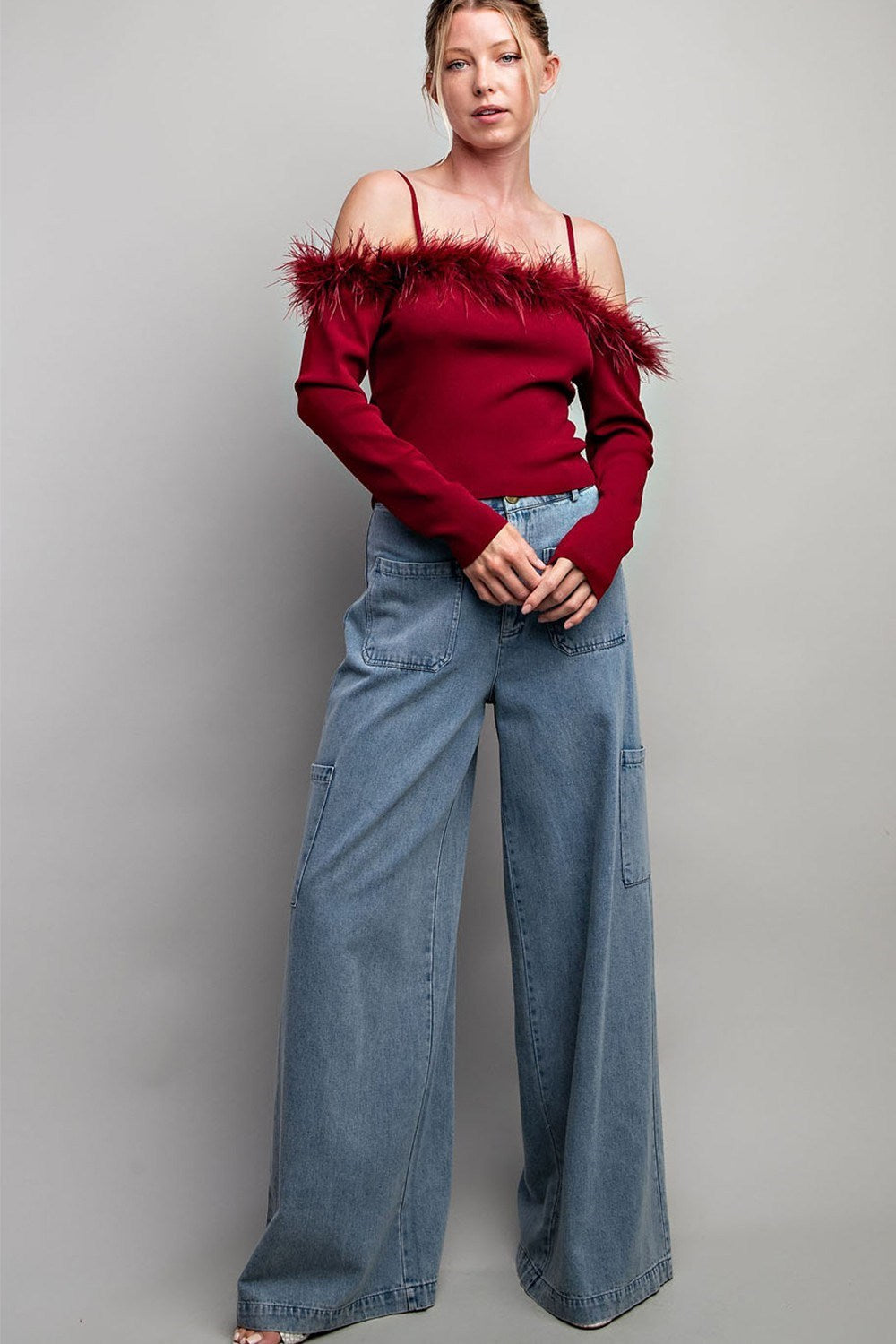 Off Shoulder Feather Long Sleeve Top