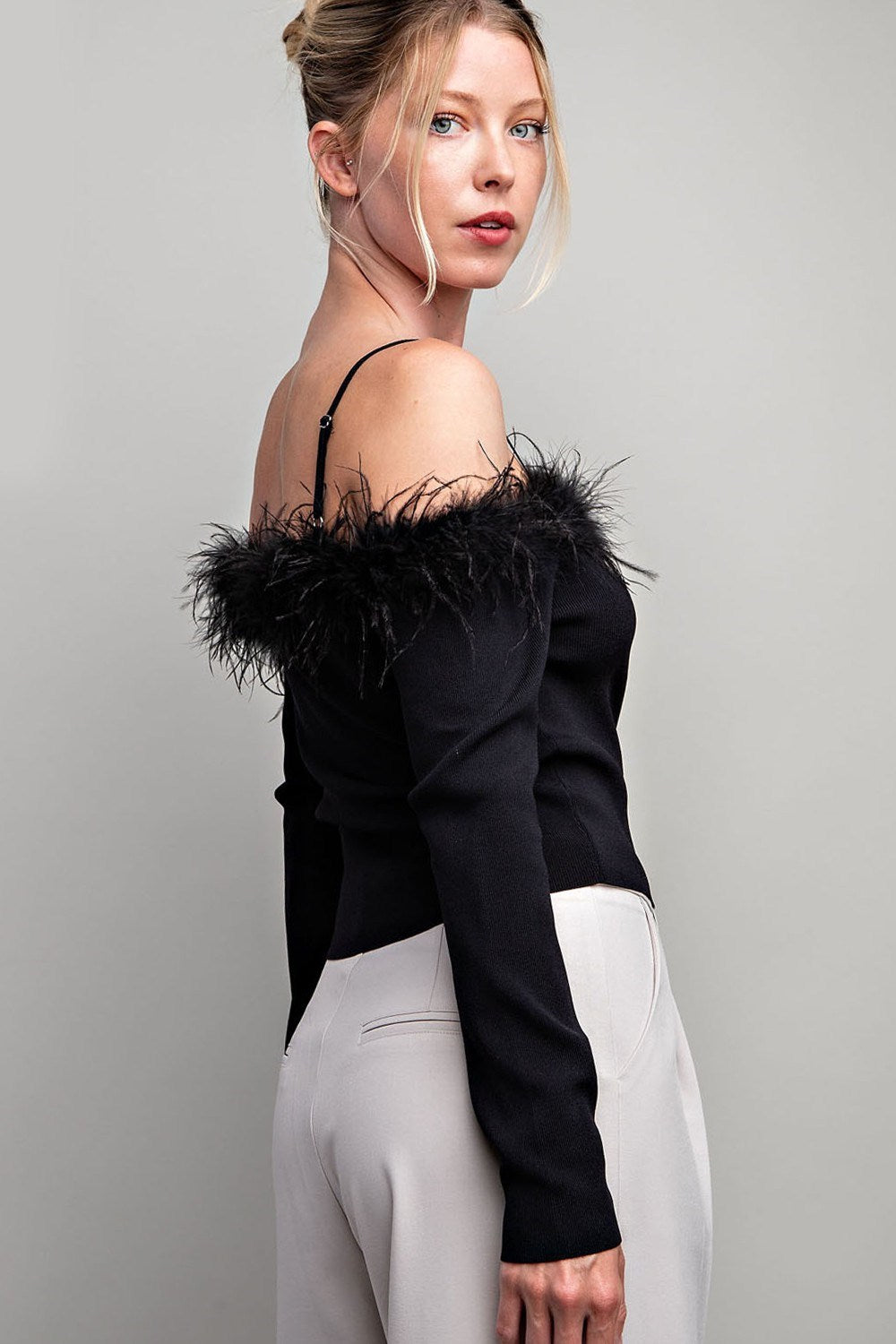 Off Shoulder Feather Long Sleeve Top