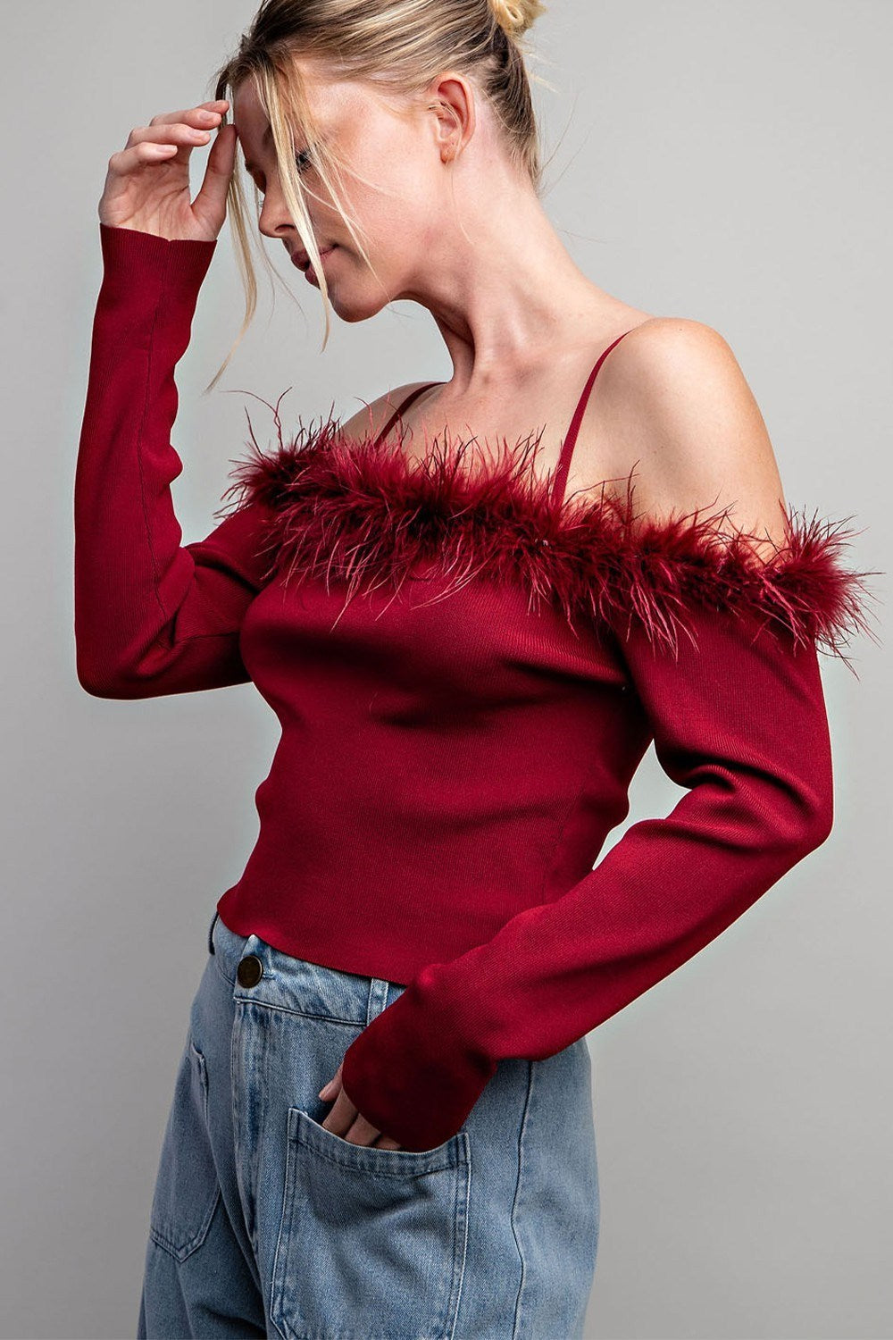 Off Shoulder Feather Long Sleeve Top