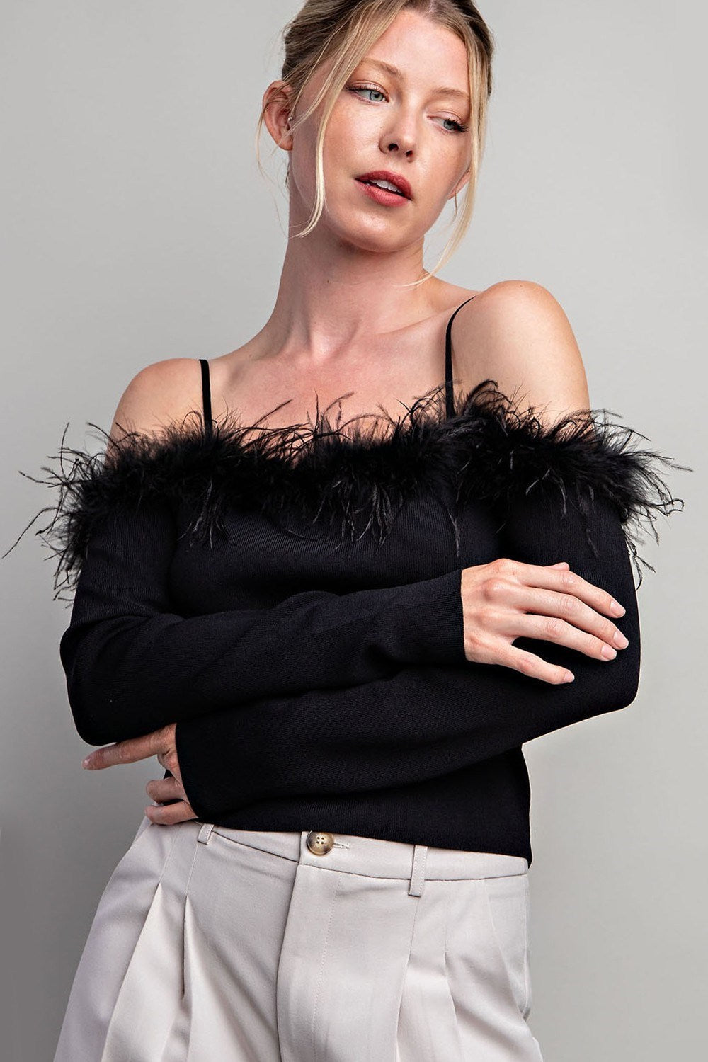 Off Shoulder Feather Long Sleeve Top