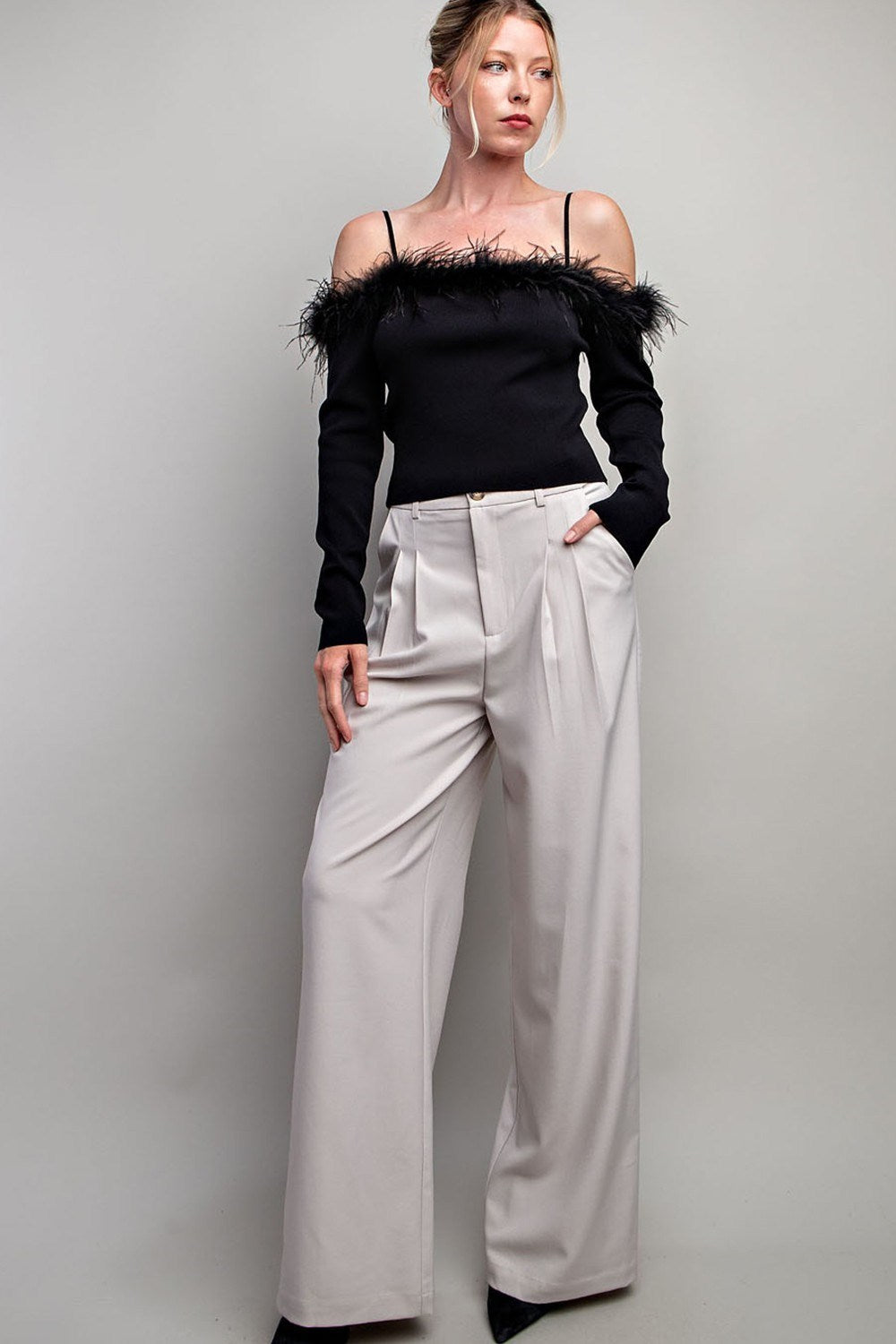 Off Shoulder Feather Long Sleeve Top