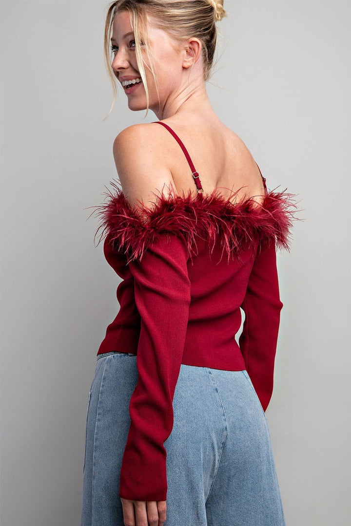 Off Shoulder Feather Long Sleeve Top