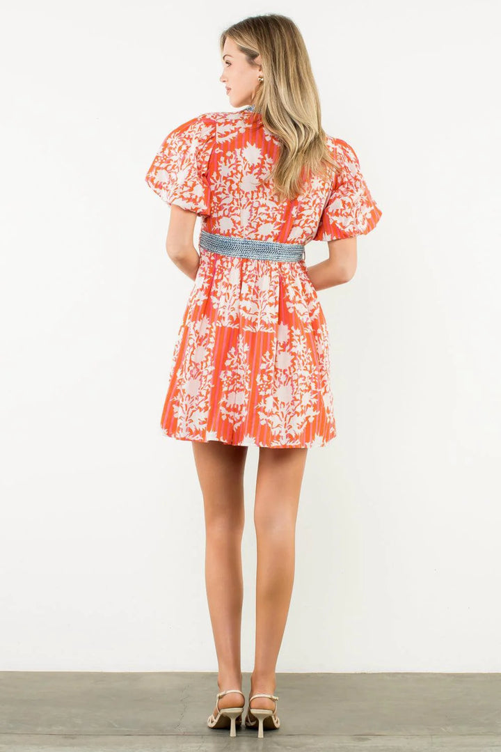 Contrast Tie Puff Sleeve Dress