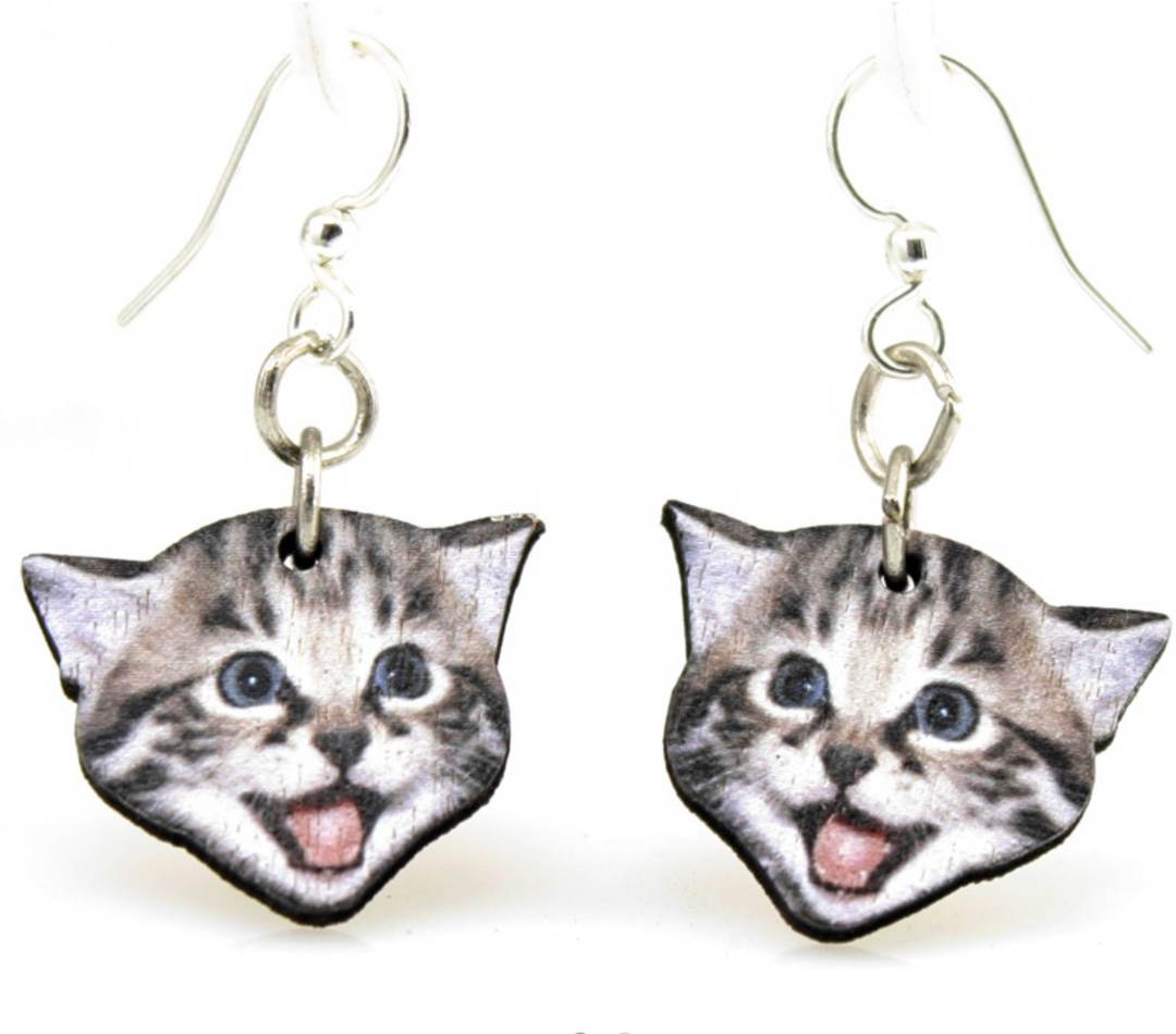 Green Tree Wooden Earrings - Playful Kitten Dangle