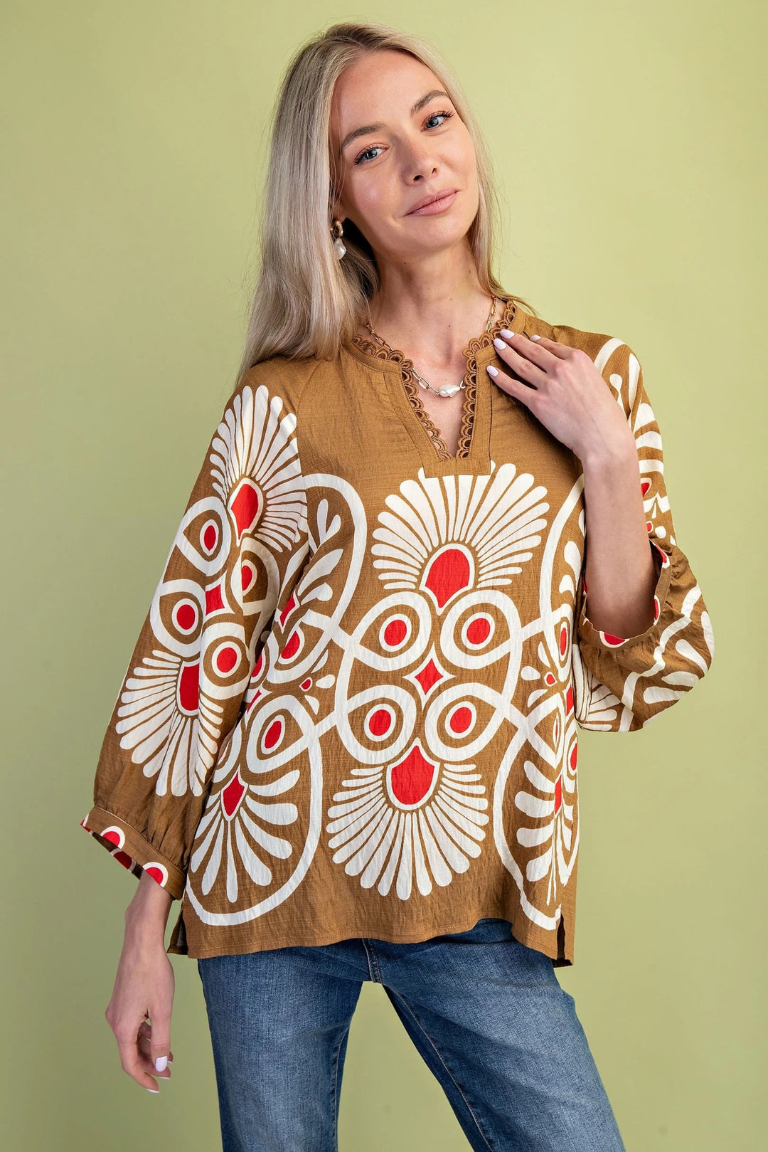 Decorative Notch Neck Printed Top