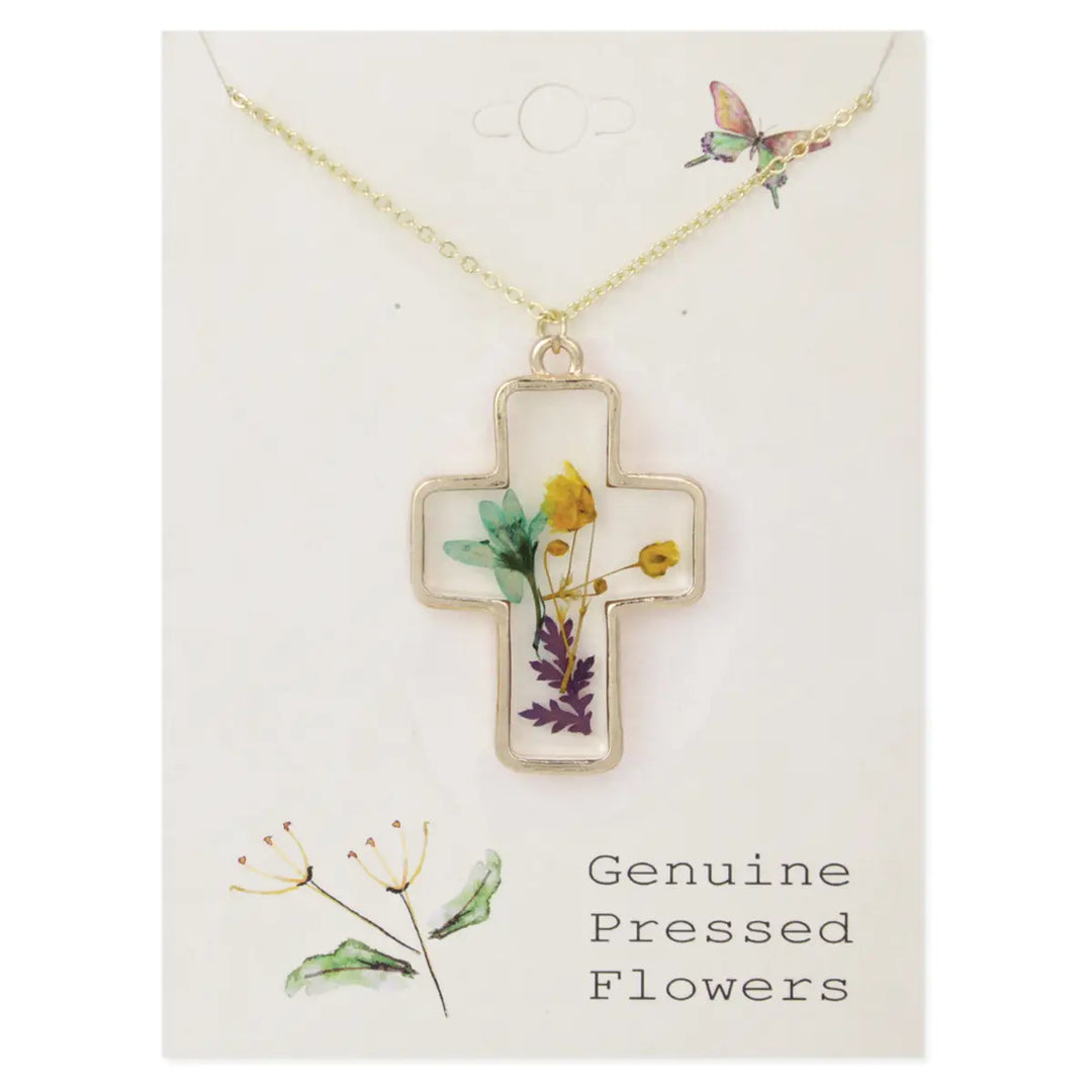 Pressed Flower Cross Necklace