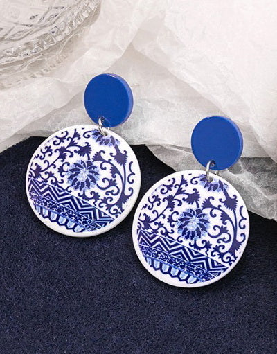 Toile Pattern Disc Earrings - Blue