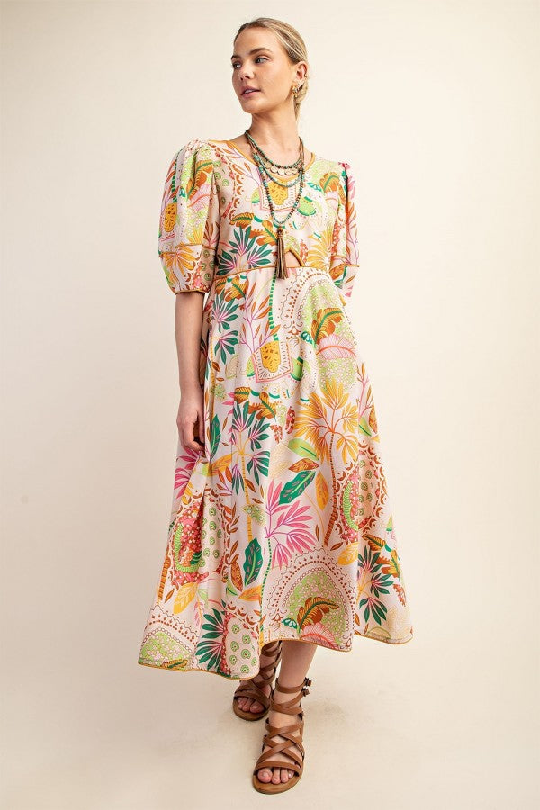 Cut Out Detail Printed Midi Dress