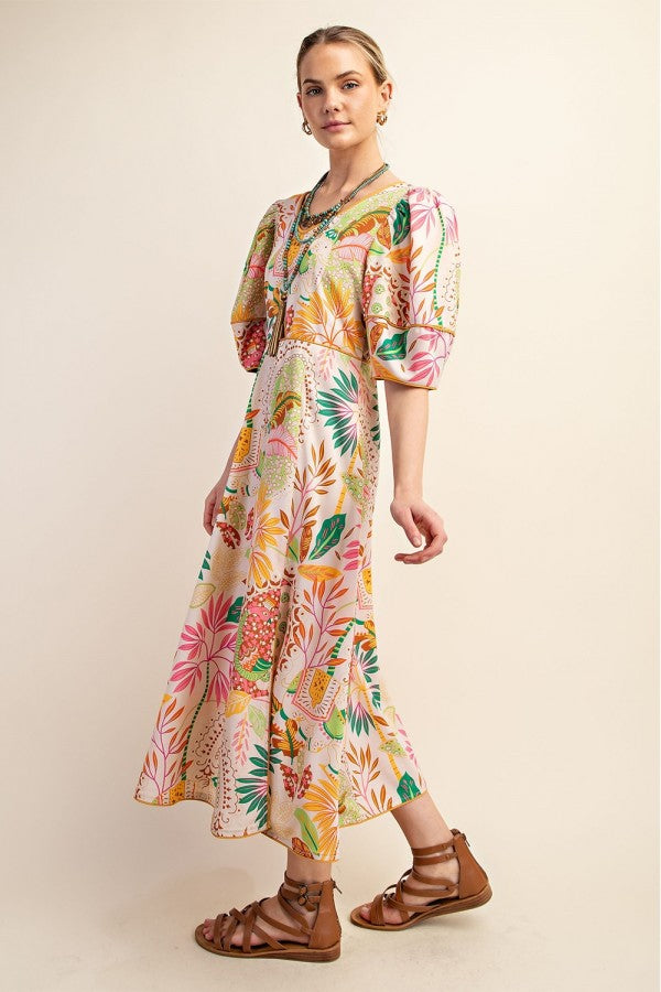 Cut Out Detail Printed Midi Dress