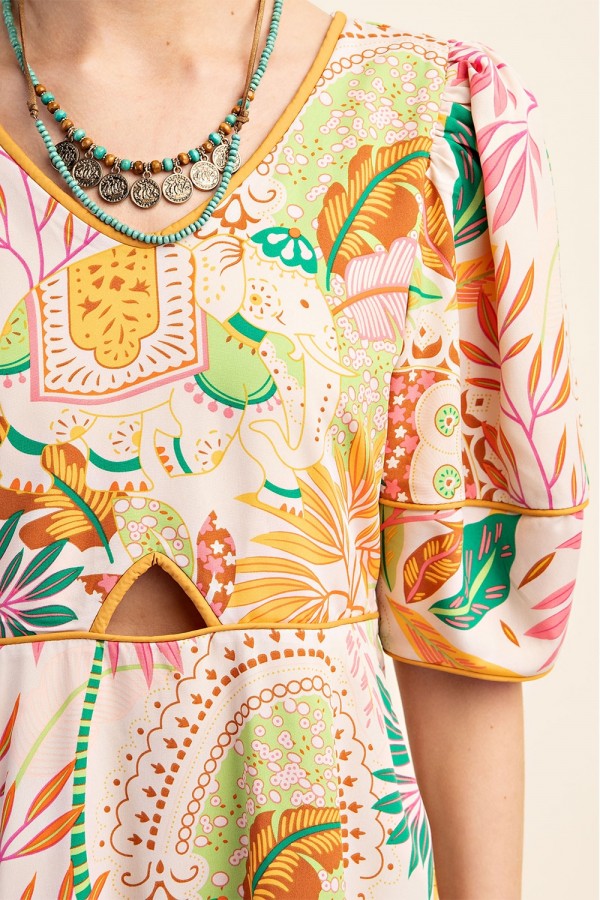 Cut Out Detail Printed Midi Dress