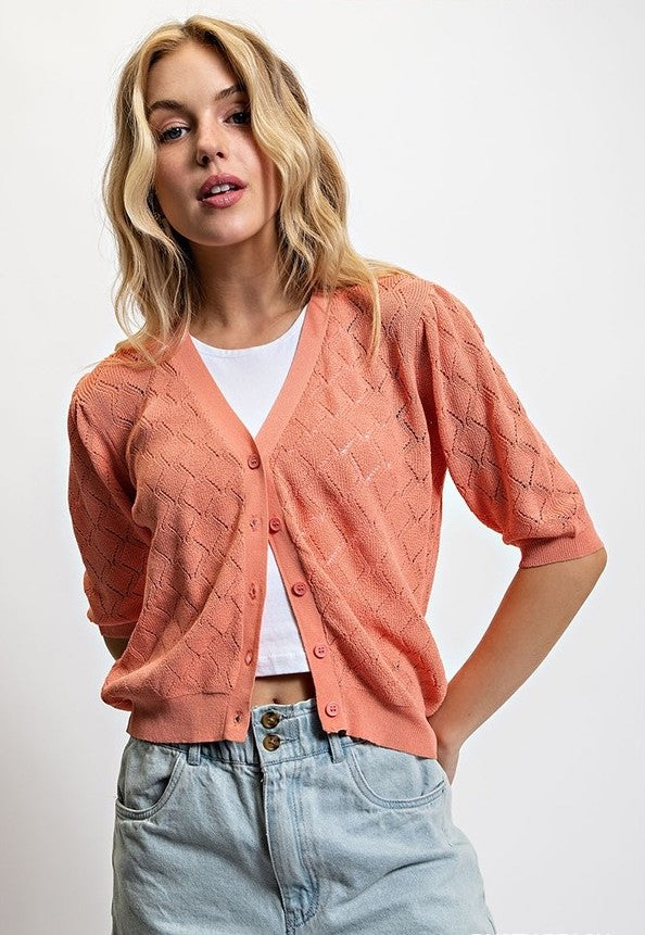 Pointelle Knit Fitted Cardigan